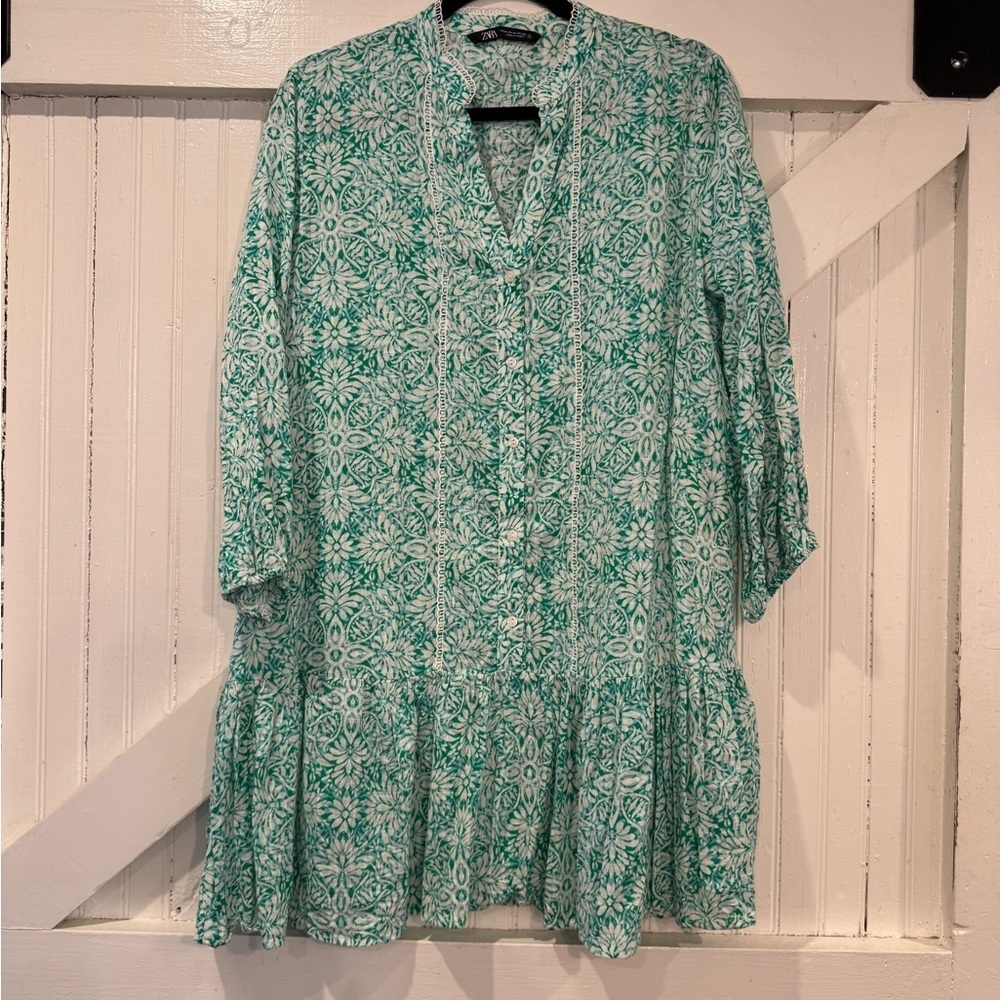 Zara Green Ivory Floral Tunic Dress XL - Picture 2 of 11
